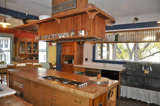Kitchen is on the western side of the house with access to the big lakeside deck, views over water.